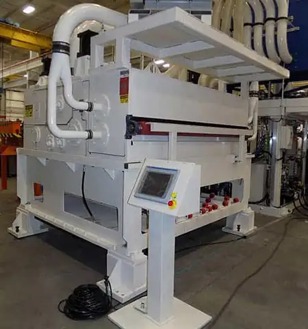 Industrial metal parts washing system with control panel and ventilation piping